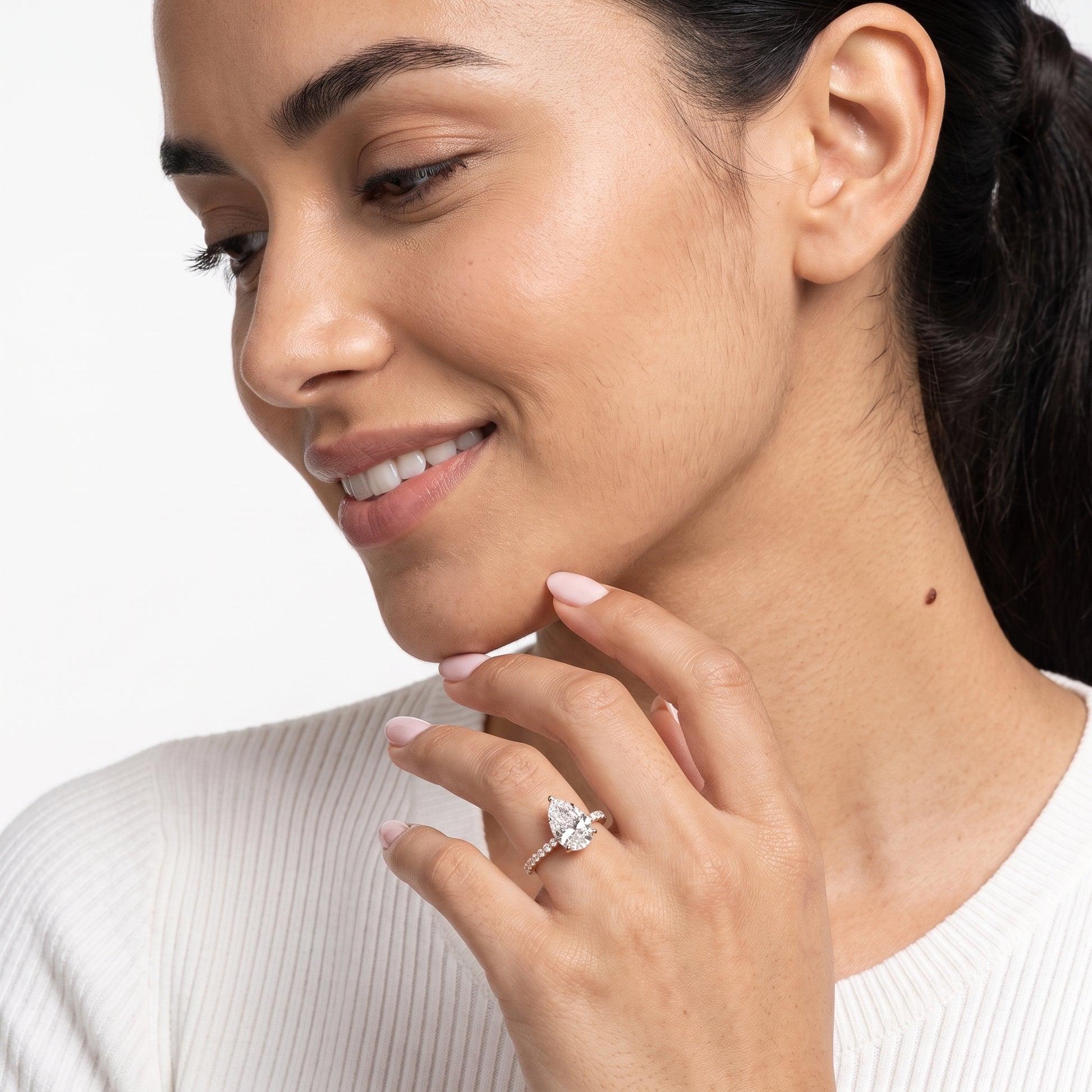 Aisha Pavé Solitaire Pear Diamond Engagement Ring in Rose Gold - model.jpg