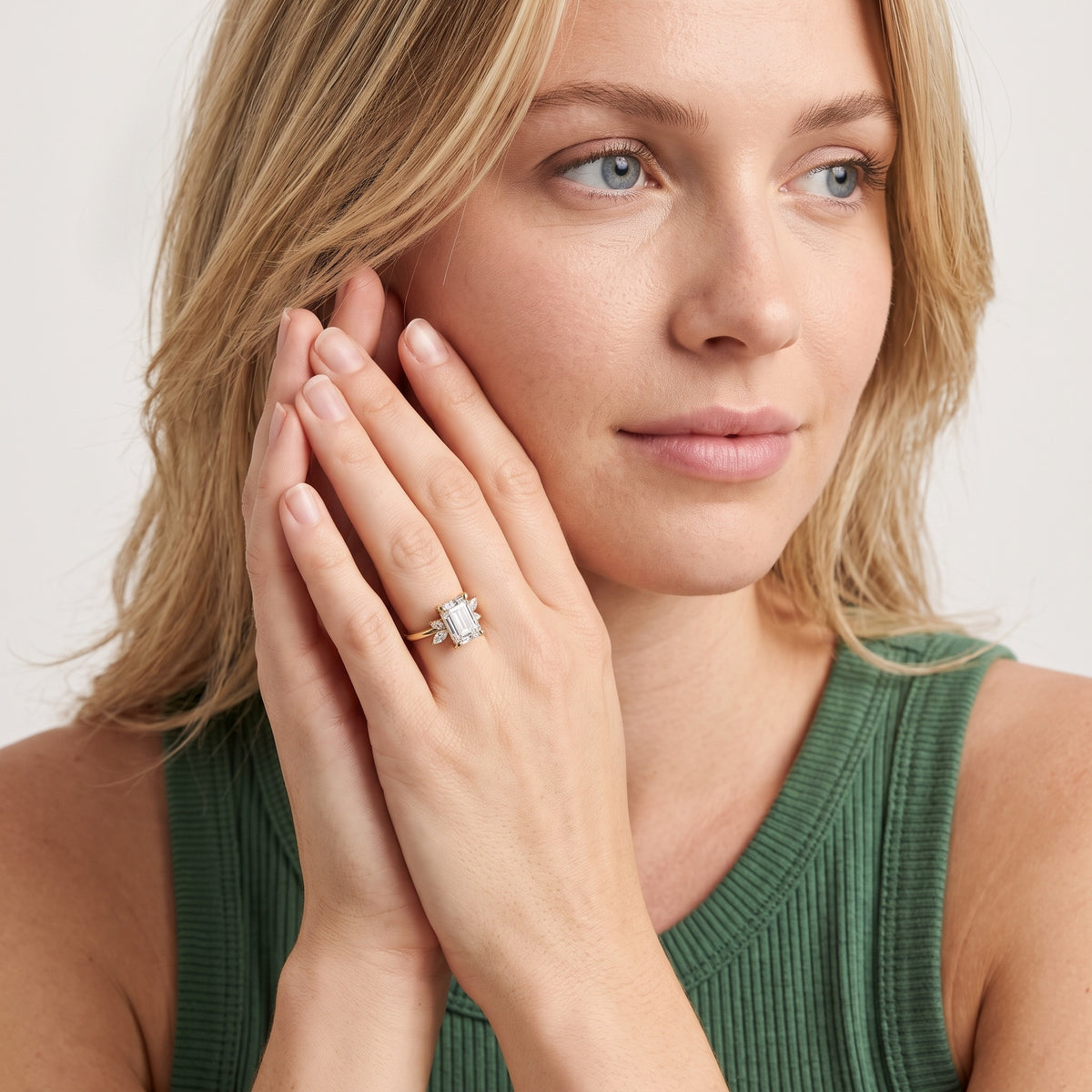 Billie Leaf Cluster Emerald Diamond Engagement Ring in Silver - model.jpg
