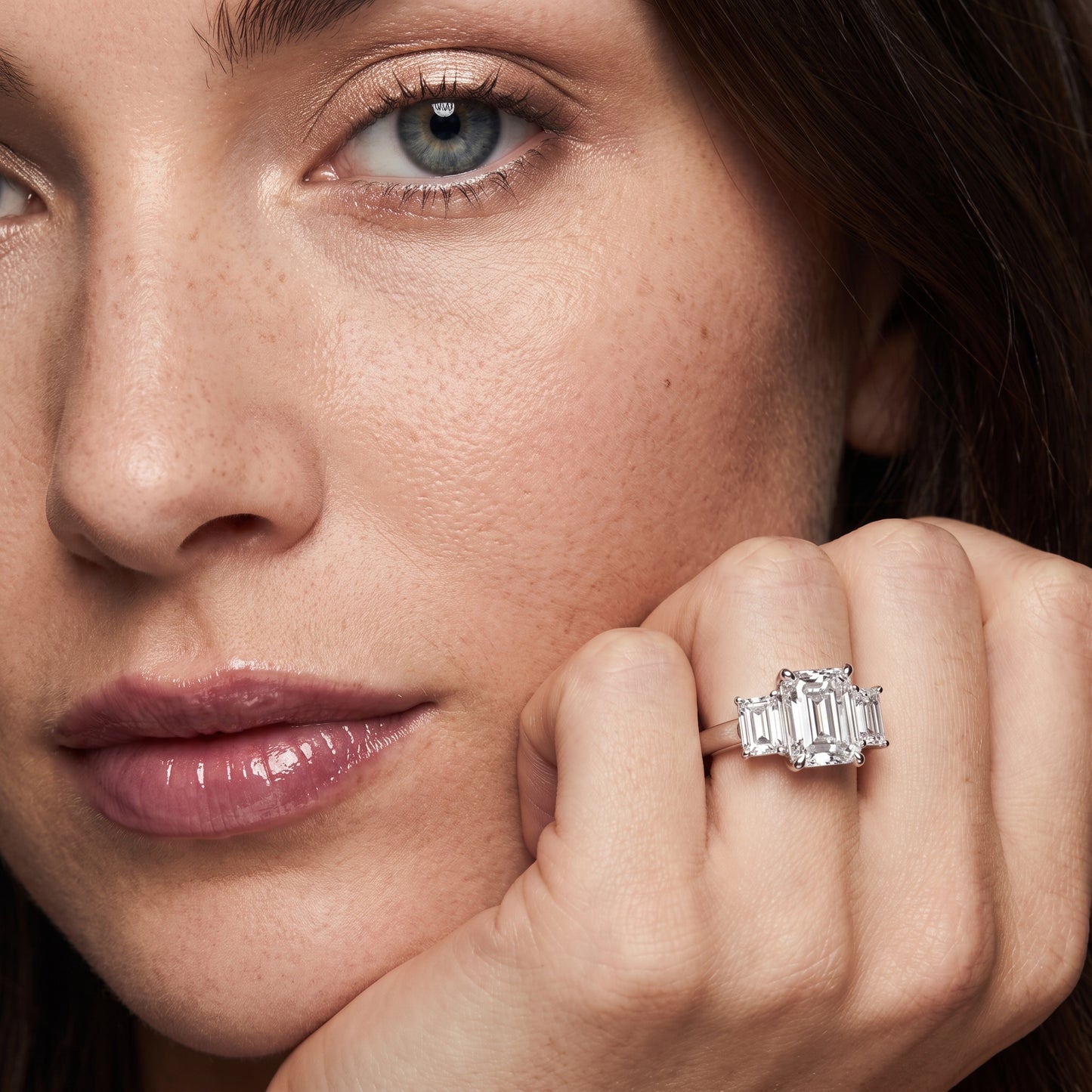 Zoe Three-Stone Emerald Diamond Ring in White Gold - model.jpg