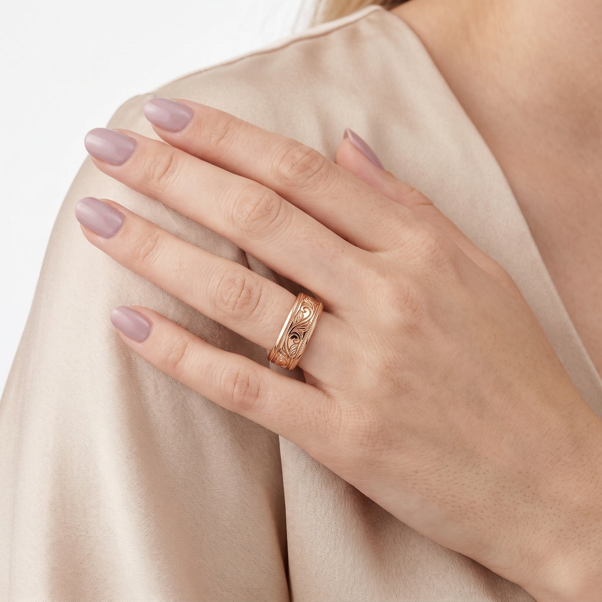 Navya Carved Milgrain Wedding Band in Rose Gold - model.jpg