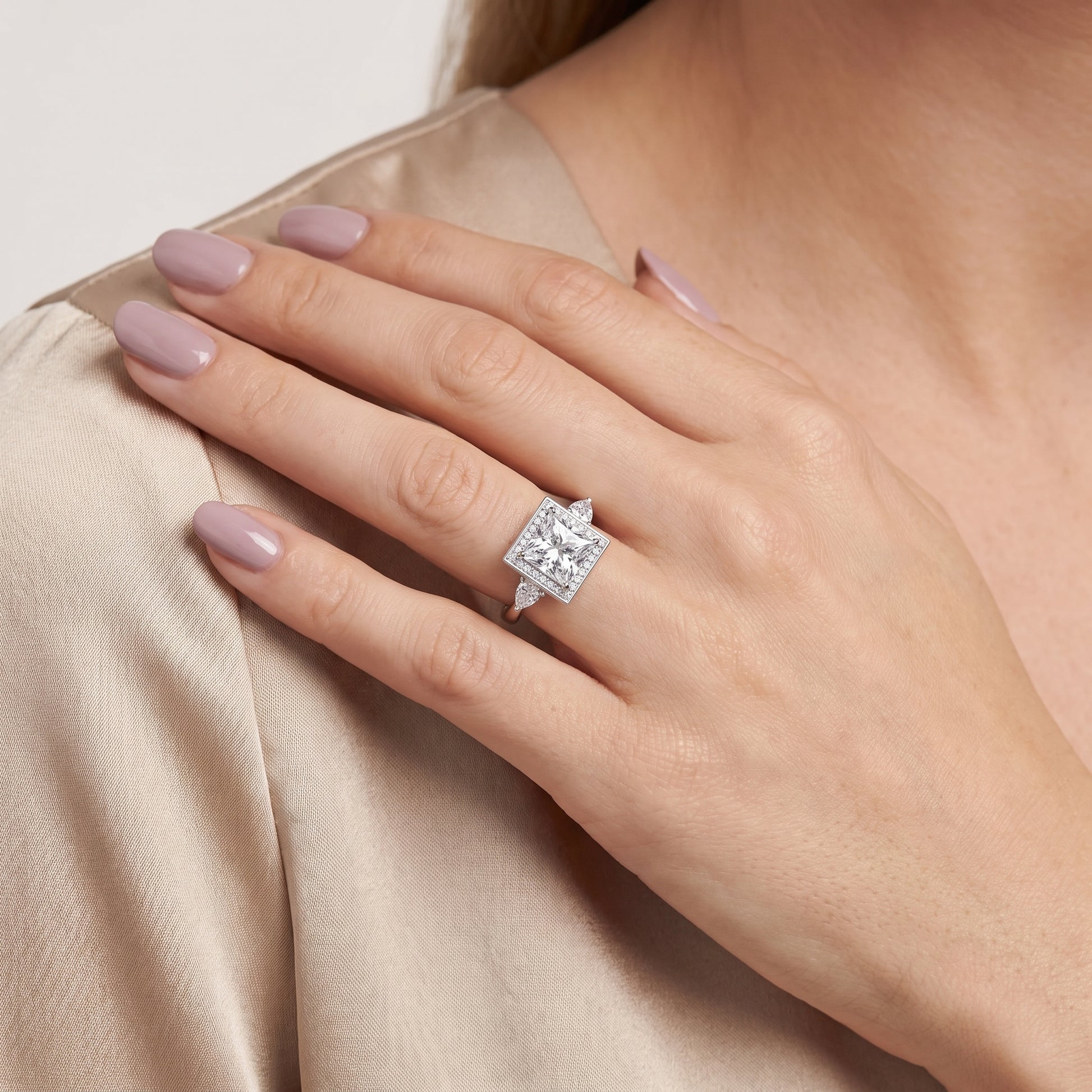 Eliza Halo Sidestone Princess Diamond Engagement Ring in White Gold - model.jpg