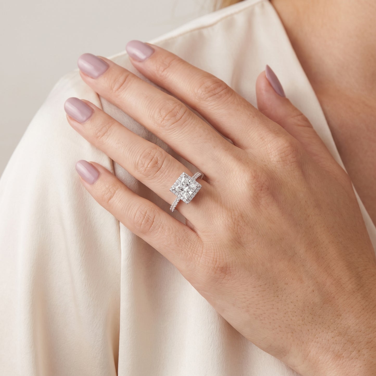Amara Halo Claw Prong Princess Diamond Ring in Silver - model.jpg
