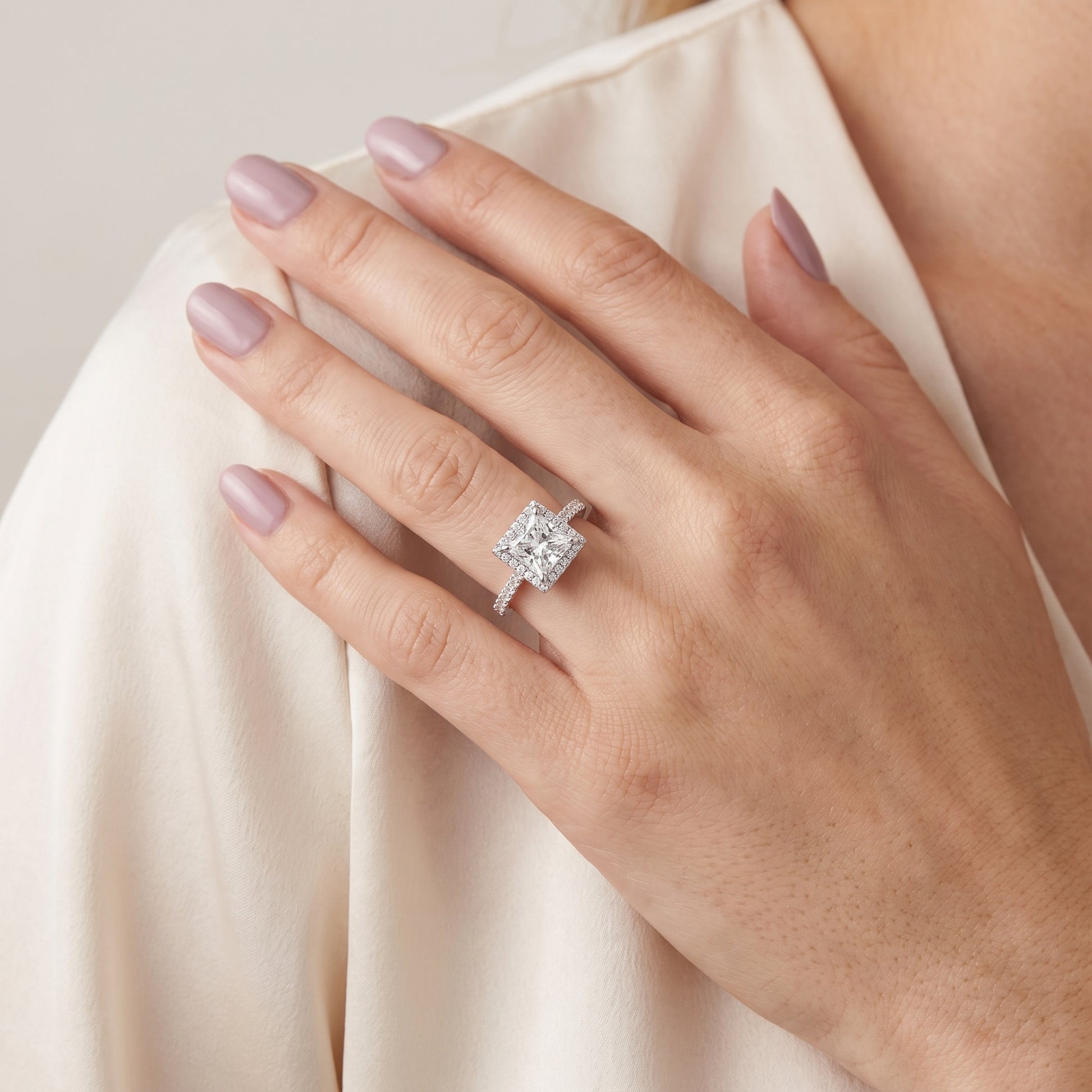 Amara Halo Claw Prong Princess Diamond Ring in Silver - model.jpg