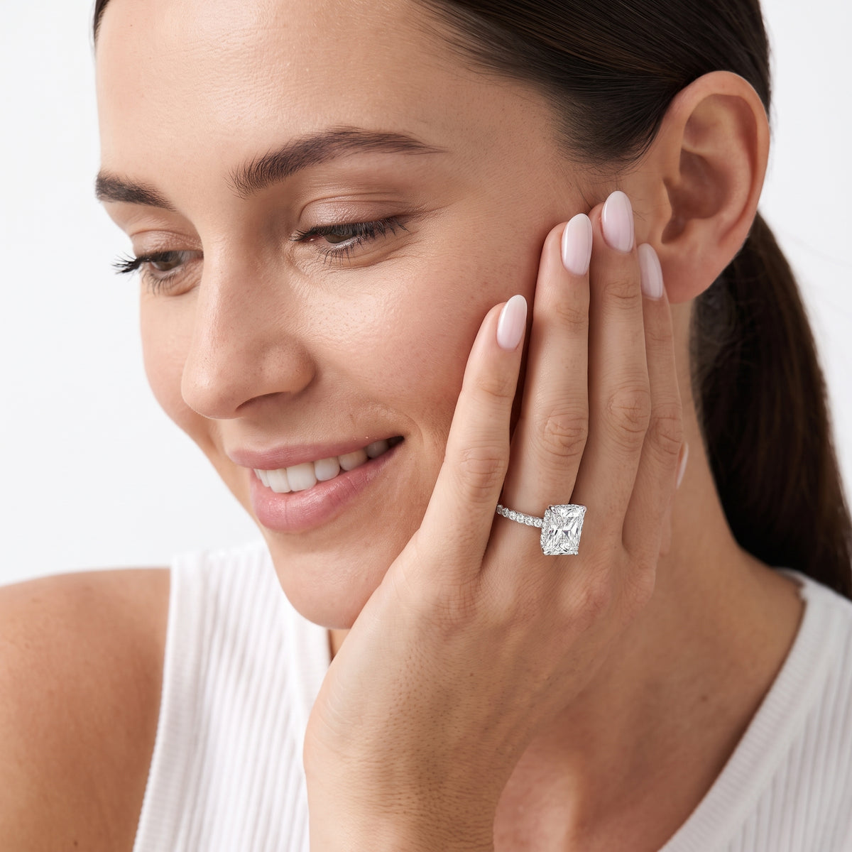 Thea Hidden Halo Pavé Radiant Diamond Engagement Ring in Platinum - model.jpg