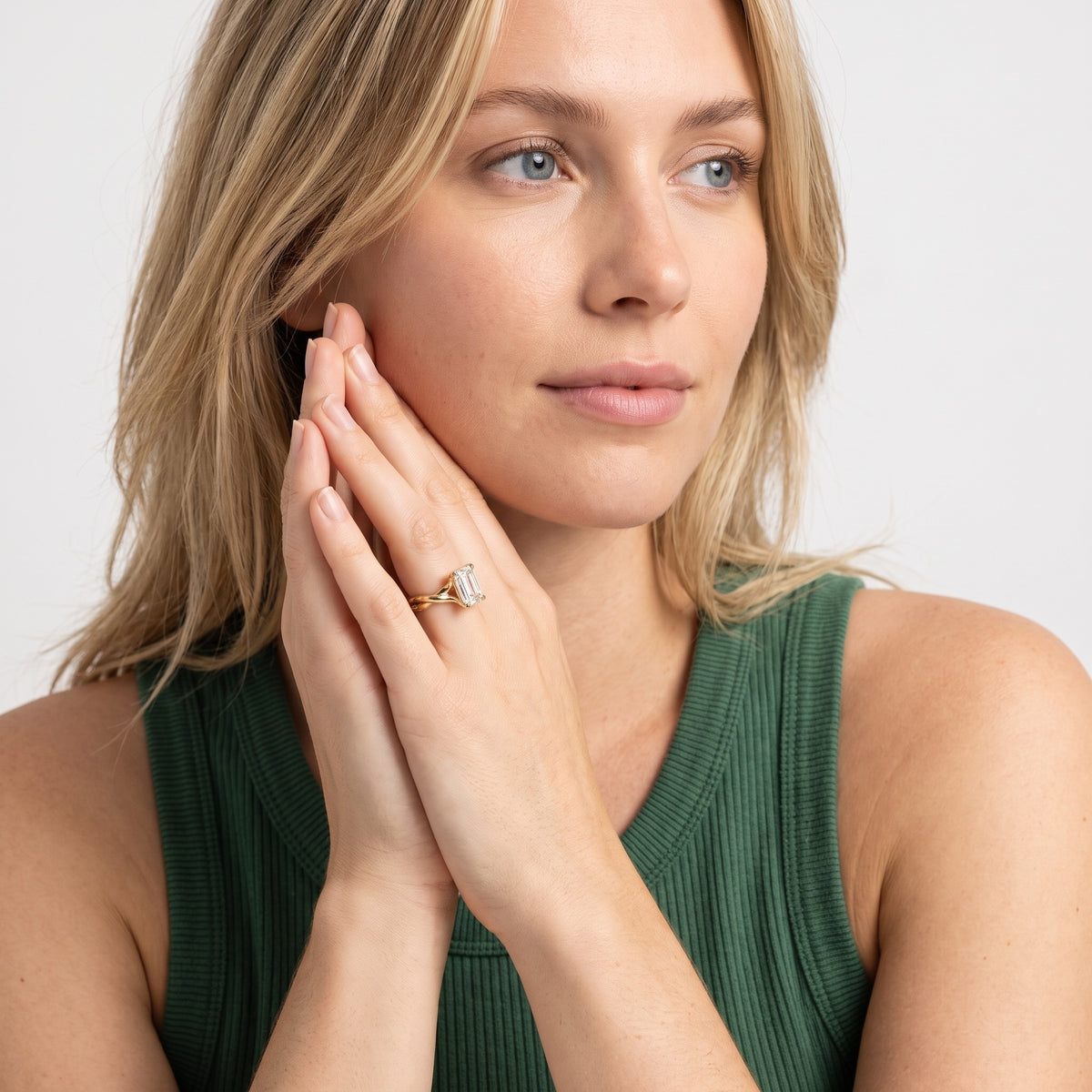 Rosa Twist Solitaire Emerald Diamond Engagement Ring in Rose Gold - model.jpg