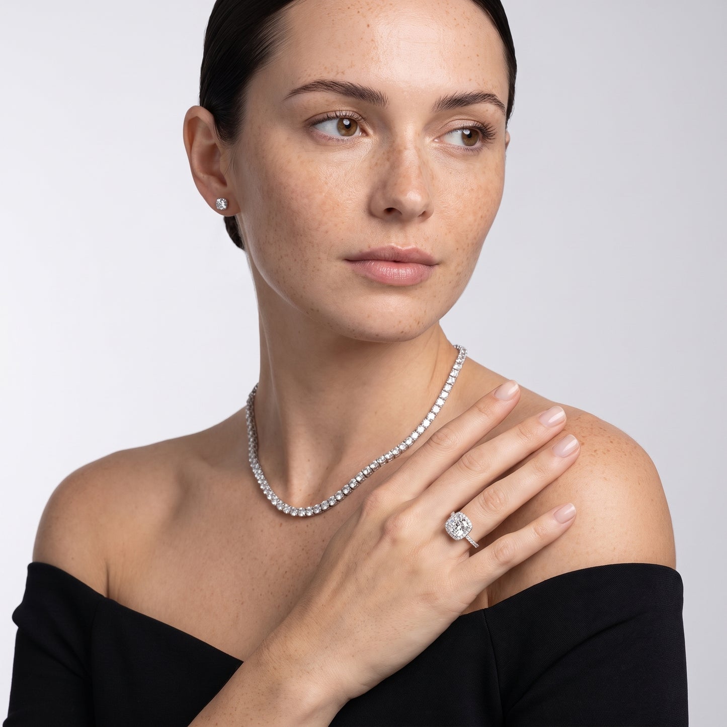 Chloe Halo Pavé Cushion Diamond Ring in Silver - model.jpg