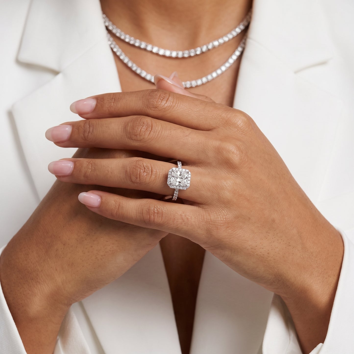 Amara Halo Claw Prong Radiant Diamond Ring in Platinum - model.jpg