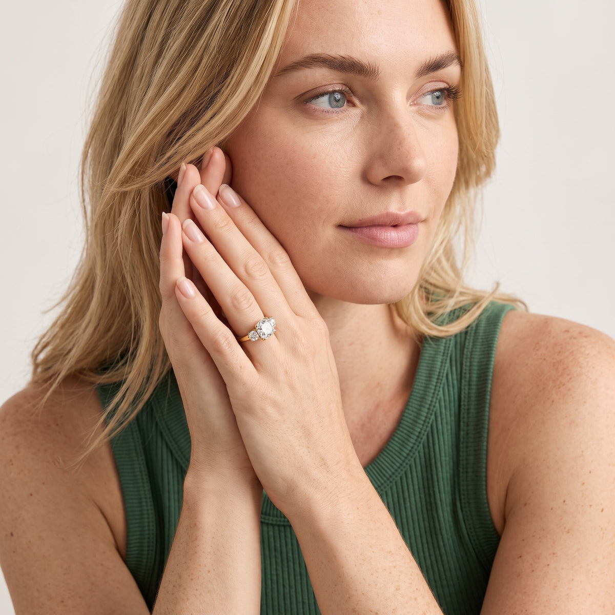 Gemma Three-Stone Cushion Diamond Engagement Ring in Silver - model.jpg