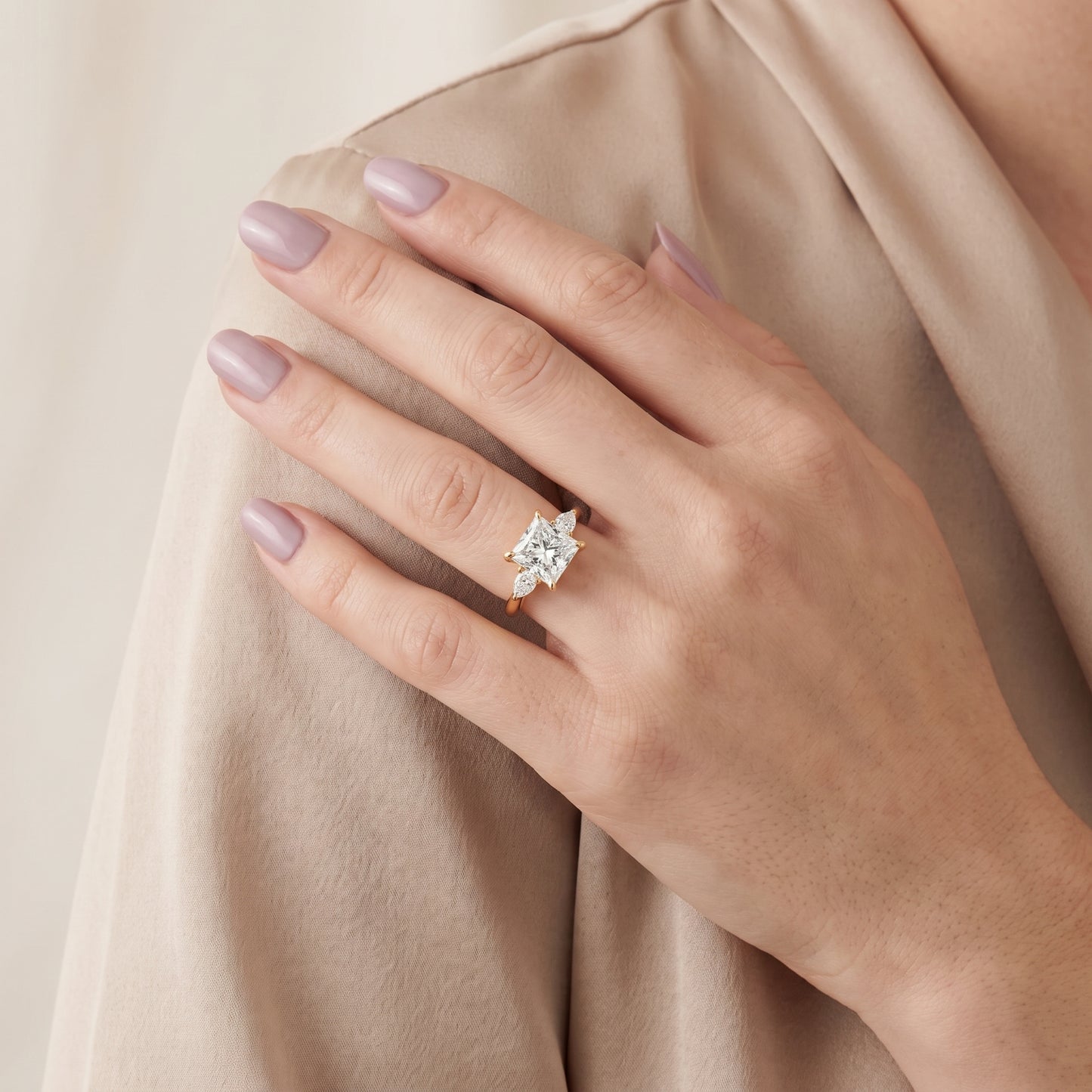 Leila Three-Stone Princess Diamond Engagement Ring in Yellow Gold - model.jpg