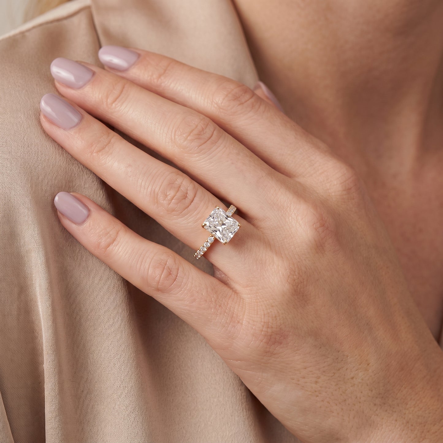 Juna French Pavé Solitaire Radiant Diamond Engagement Ring in Yellow Gold - model.jpg