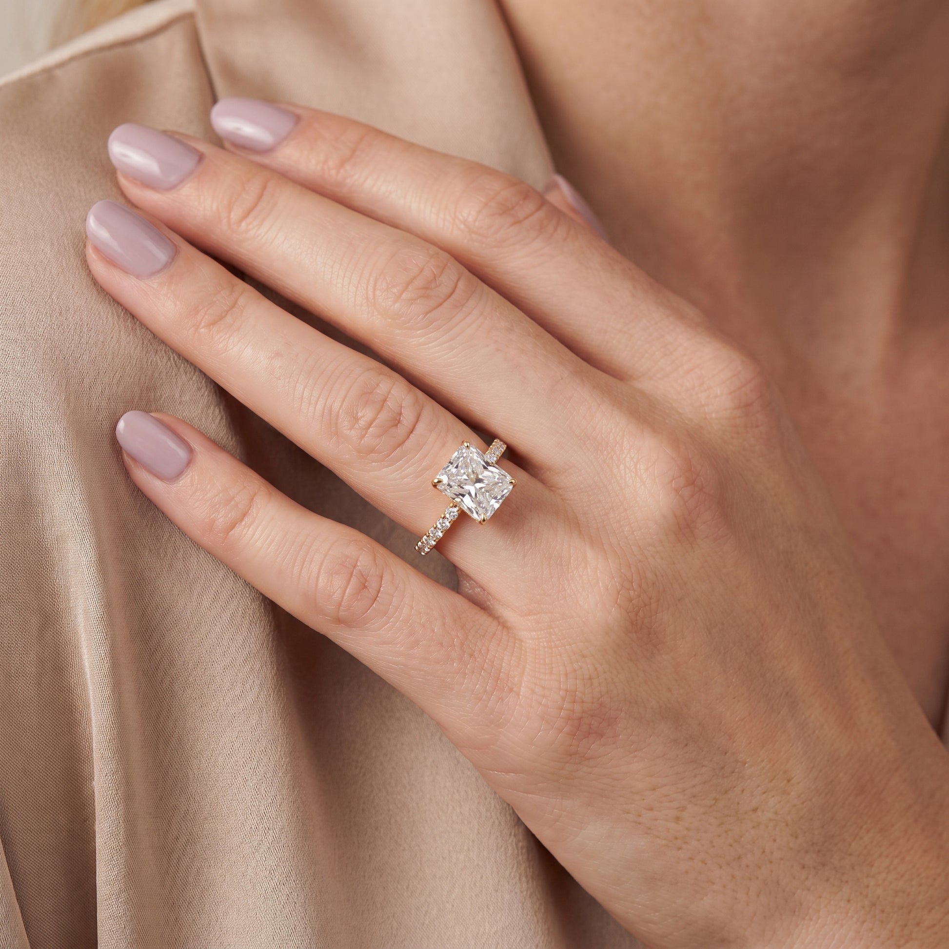 Juna French Pavé Solitaire Radiant Diamond Engagement Ring in Yellow Gold - model.jpg