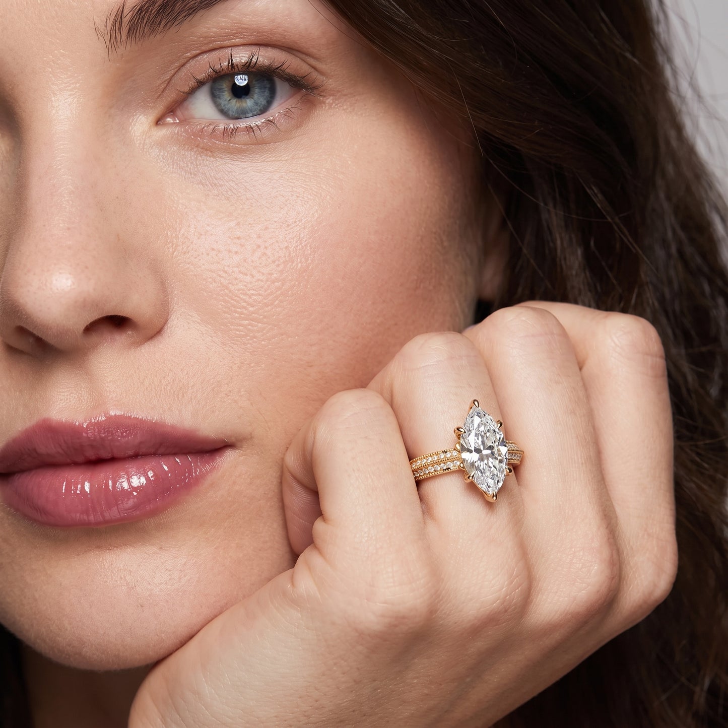 Indie Vintage Milgrain Marquise Diamond Engagement Ring in Yellow Gold - model.jpg