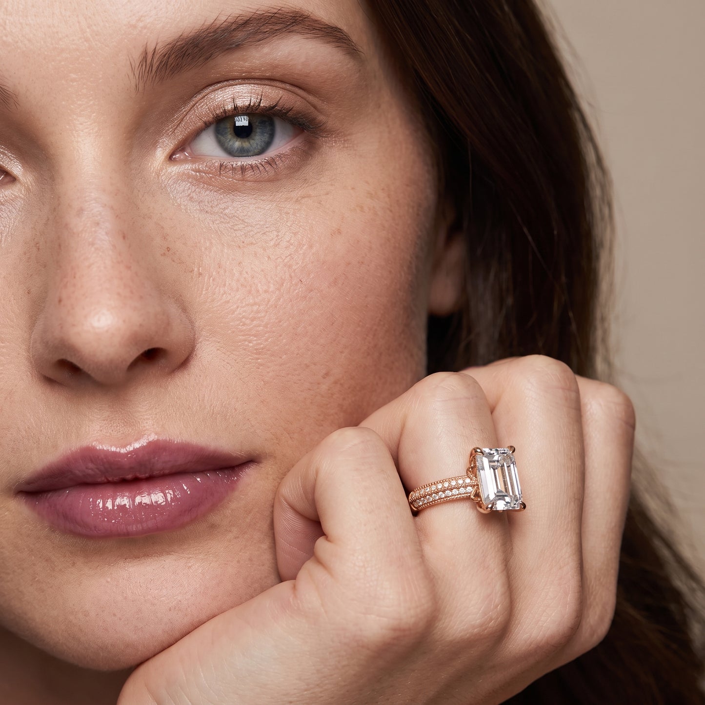 Indie Vintage Milgrain Emerald Diamond Engagement Ring in Rose Gold - model.jpg