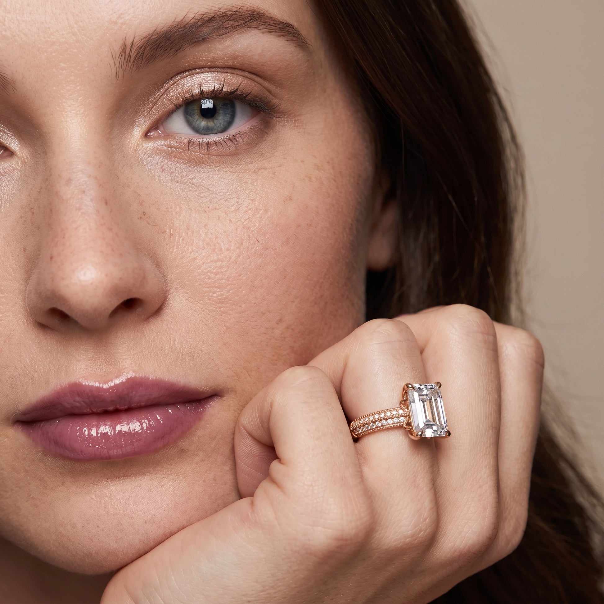 Indie Vintage Milgrain Emerald Diamond Engagement Ring in Rose Gold - model.jpg