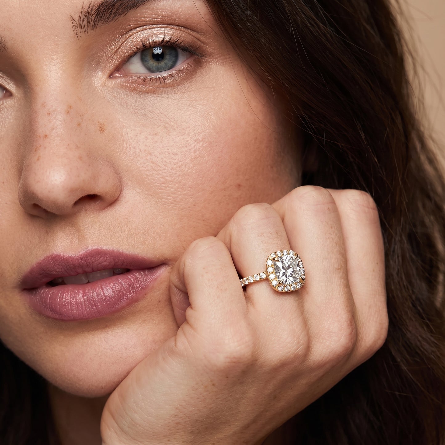 Amara Halo Claw Prong Cushion Diamond Ring in Yellow Gold - model.jpg