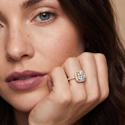 Amara Halo Claw Prong Cushion Diamond Ring in Yellow Gold - model.jpg