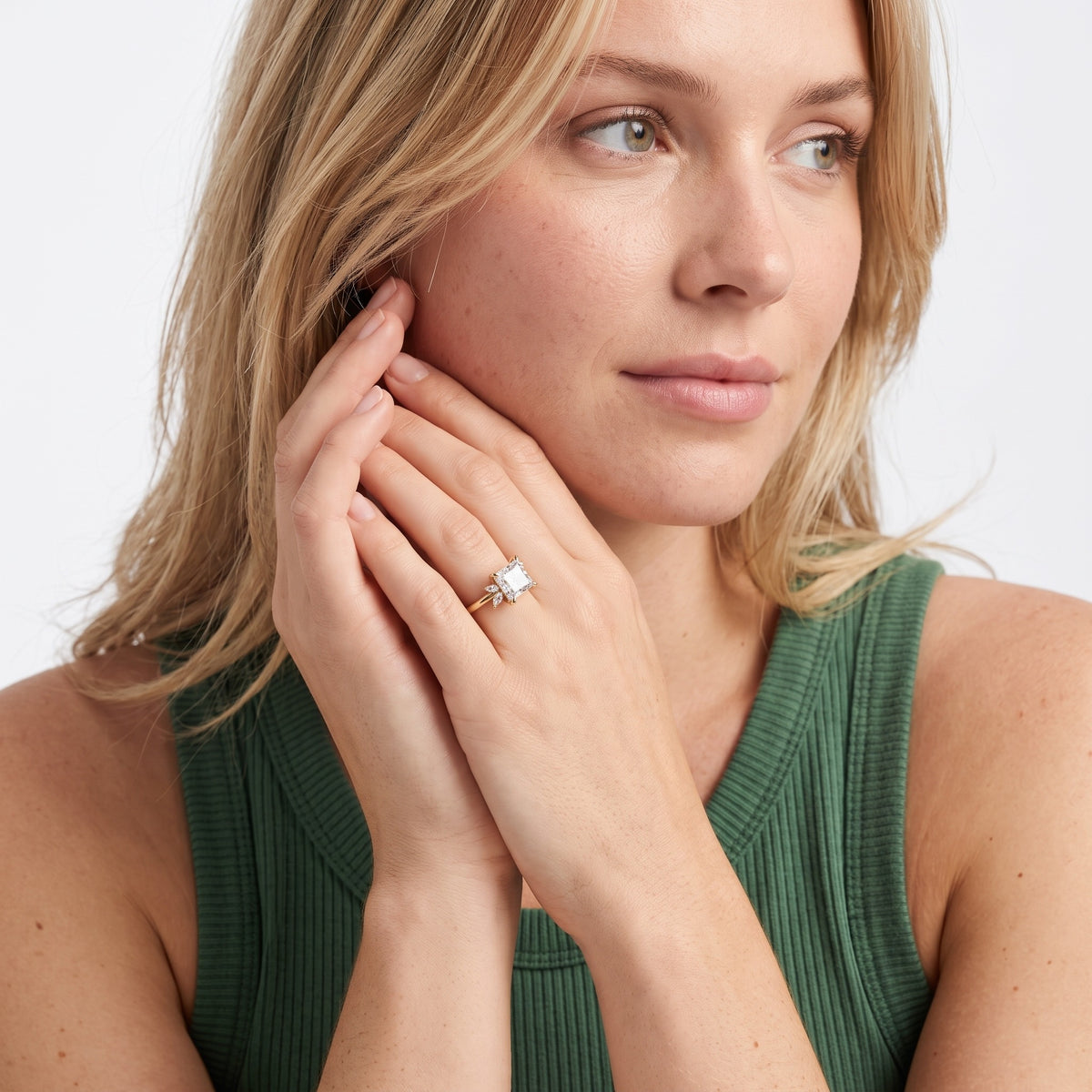Billie Leaf Cluster Princess Diamond Engagement Ring in Platinum - model.jpg