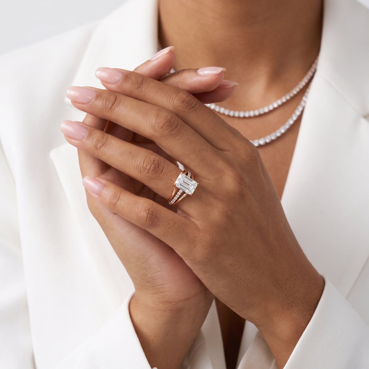 Scarlett Split Shank Pavé Emerald Diamond Ring in Rose Gold - model.jpg