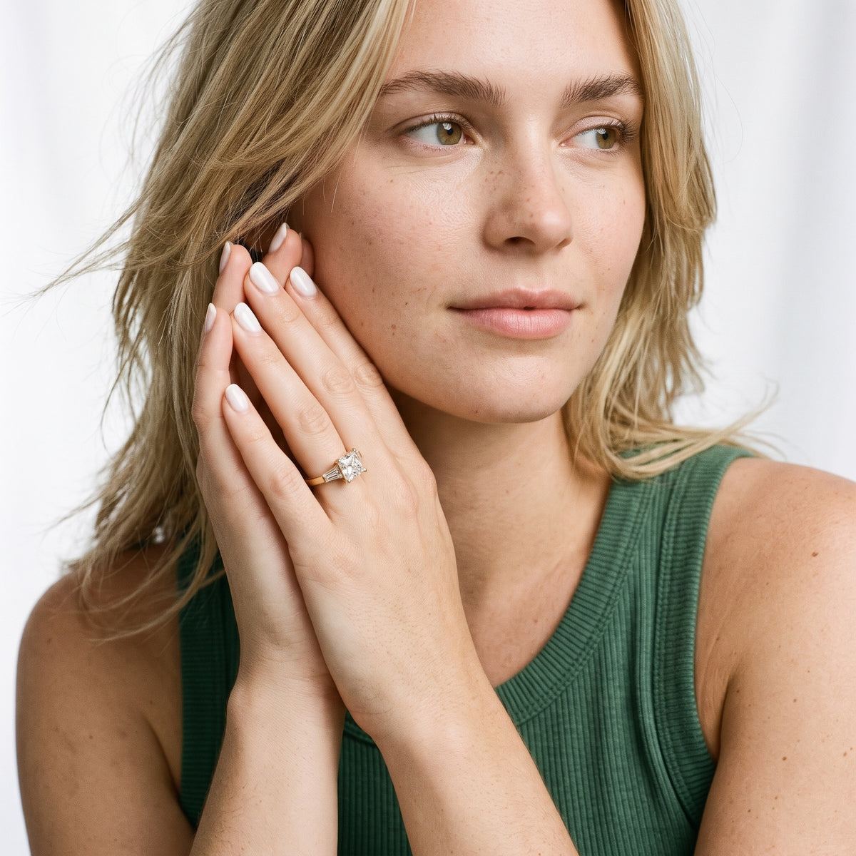Jacinta Baguette Three-Stone Princess Diamond Engagement Ring in Rose Gold - model.jpg
