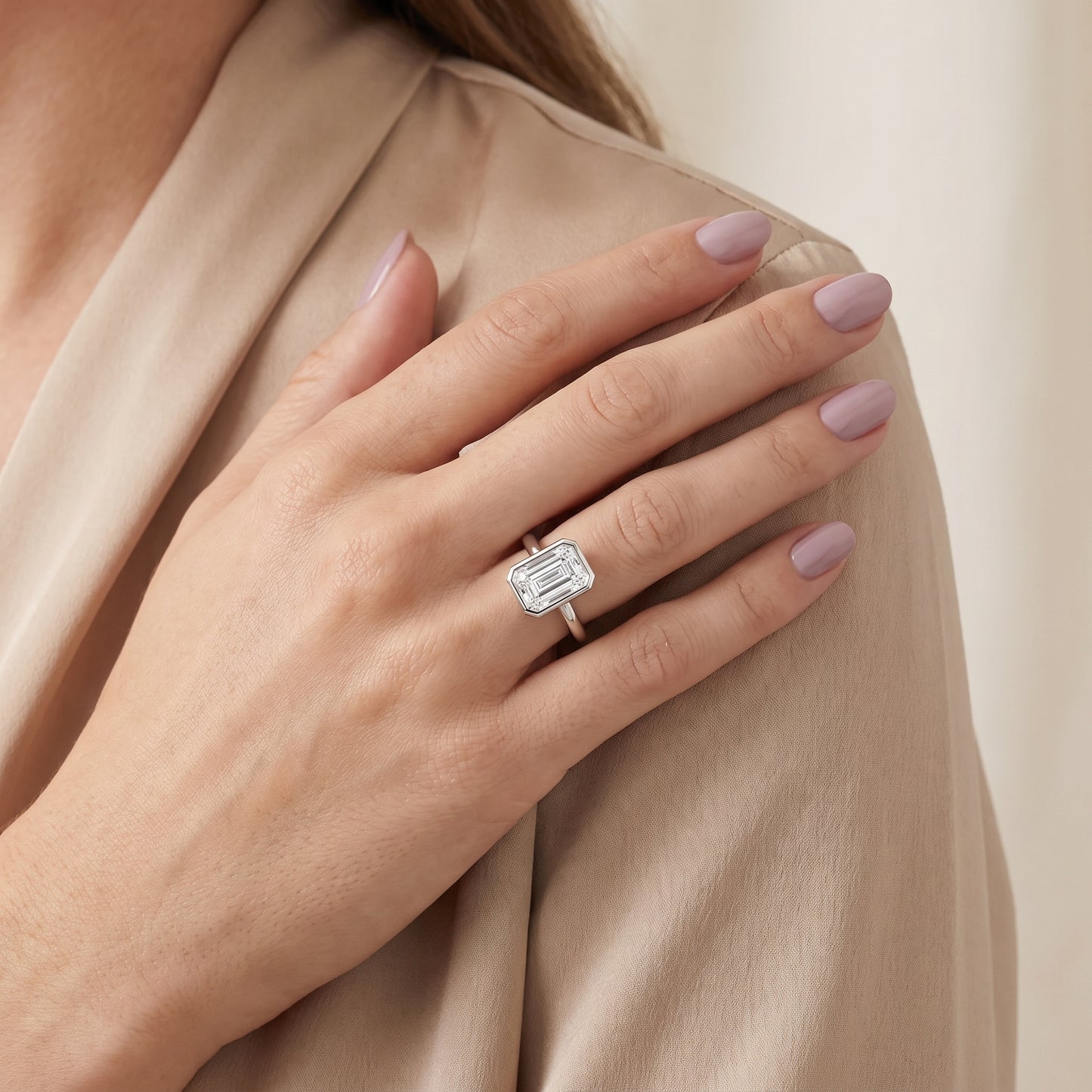 Maeve Bezel Solitaire Emerald Diamond Ring in Silver - model.jpg