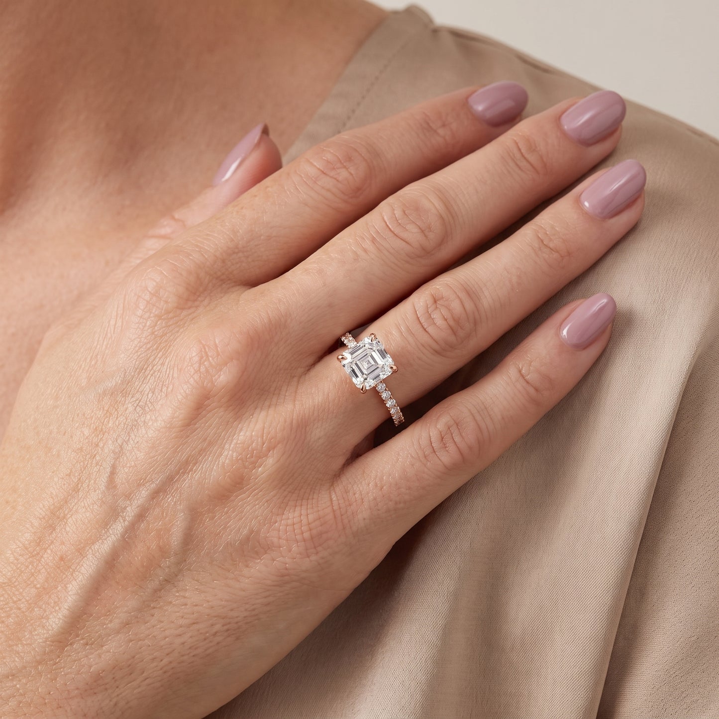 Aisha Pavé Solitaire Asscher Diamond Engagement Ring in Rose Gold - model.jpg