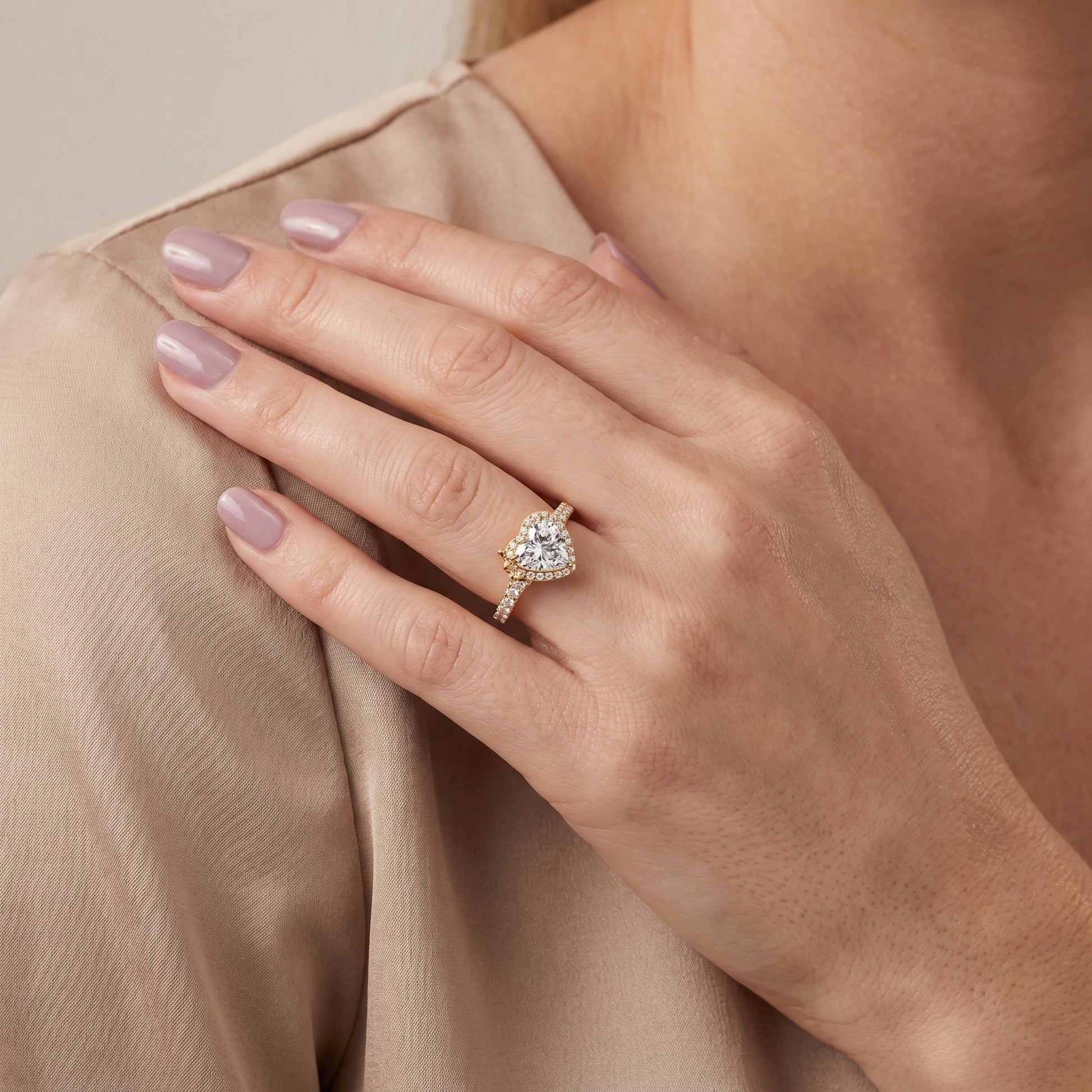 Bella Halo Pavé Heart Diamond Engagement Ring in Yellow Gold - model.jpg