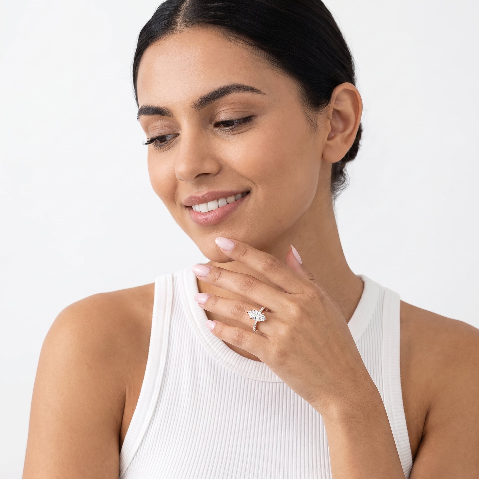 Maya Hidden Halo Pavé Marquise Diamond Engagement Ring in Rose Gold - model.jpg