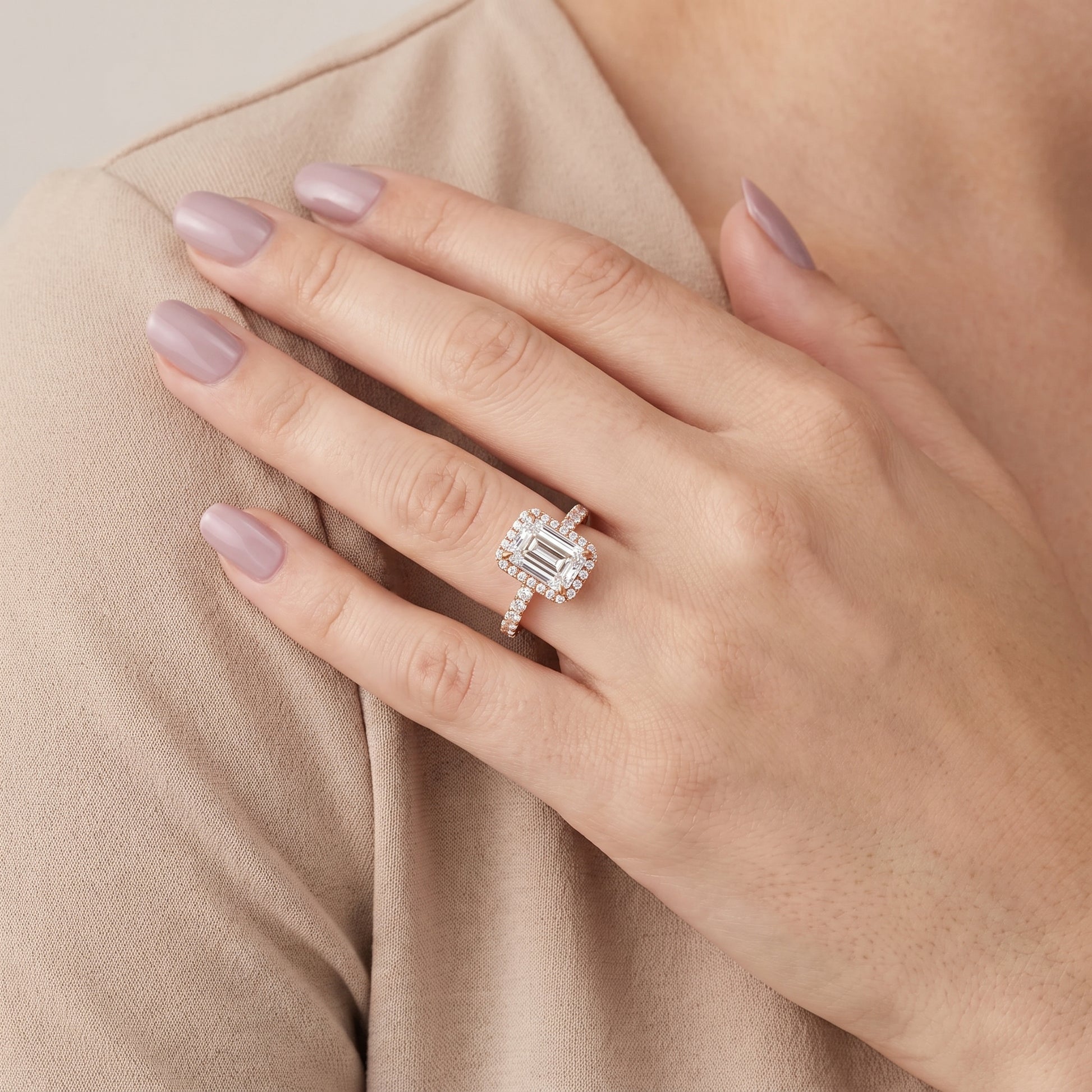 Chloe Halo Pavé Emerald Diamond Ring in Rose Gold - model.jpg