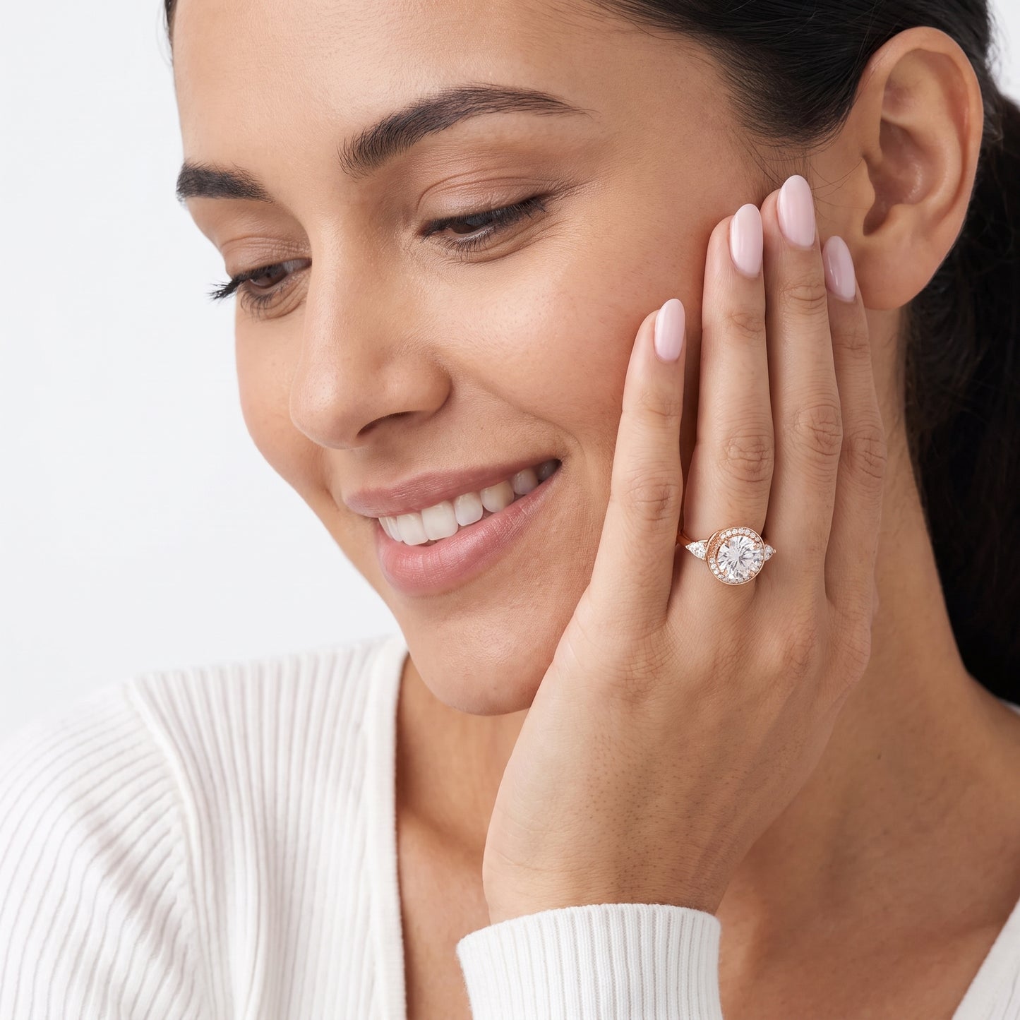 Eliza Halo Sidestone Round Diamond Engagement Ring in Rose Gold - model.jpg