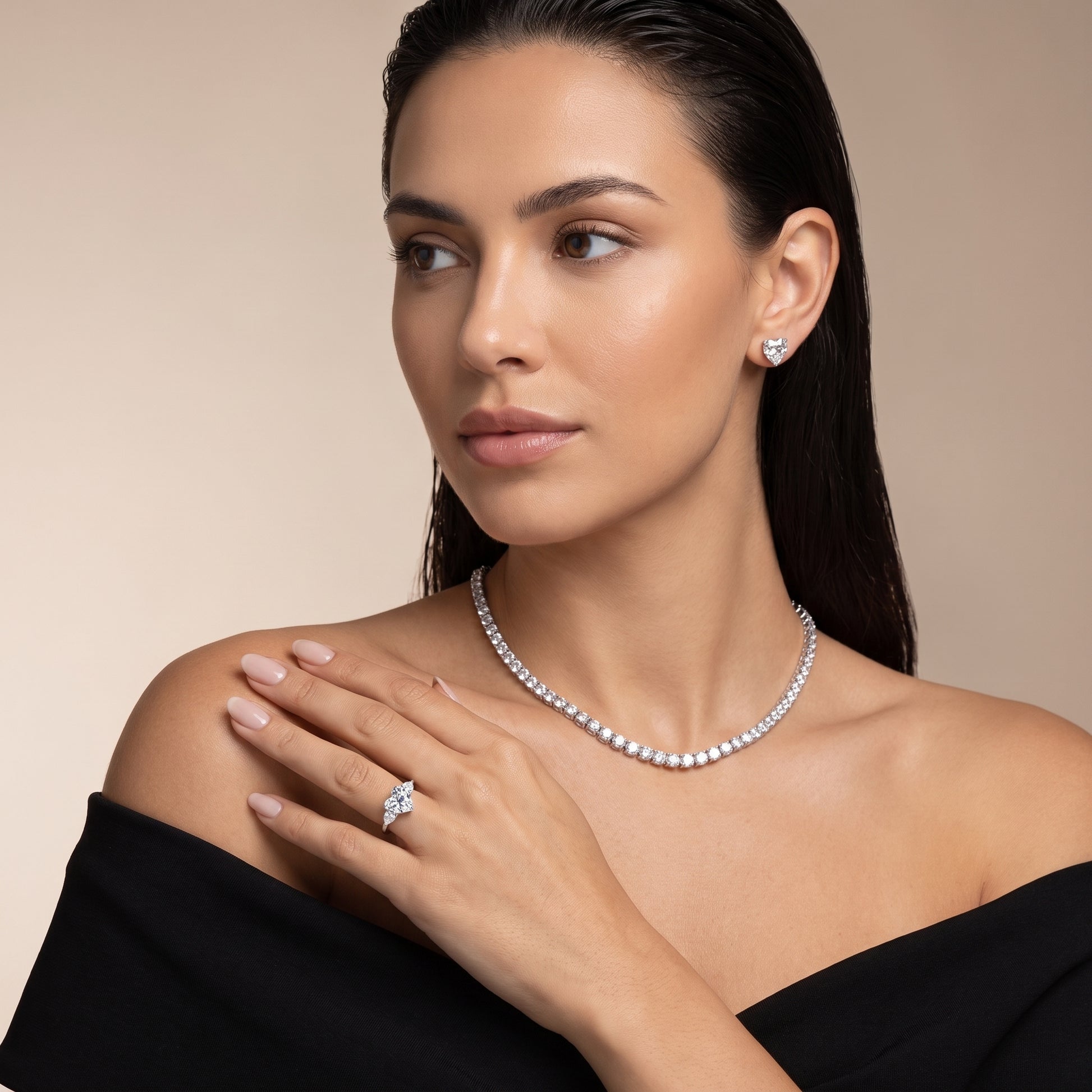 Phoebe Three-Stone Heart Diamond Ring in Platinum - model.jpg