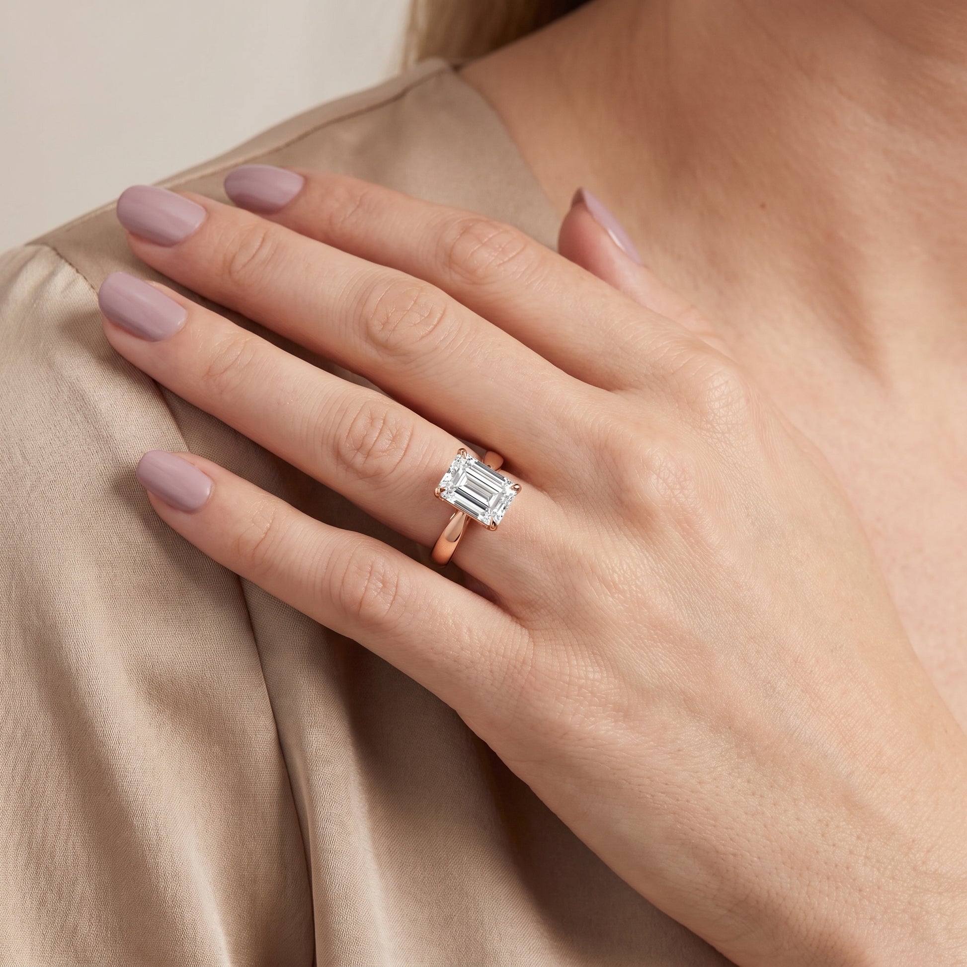 Lucia Solitaire Six-Prong Emerald Diamond Engagement Ring in Rose Gold - model.jpg