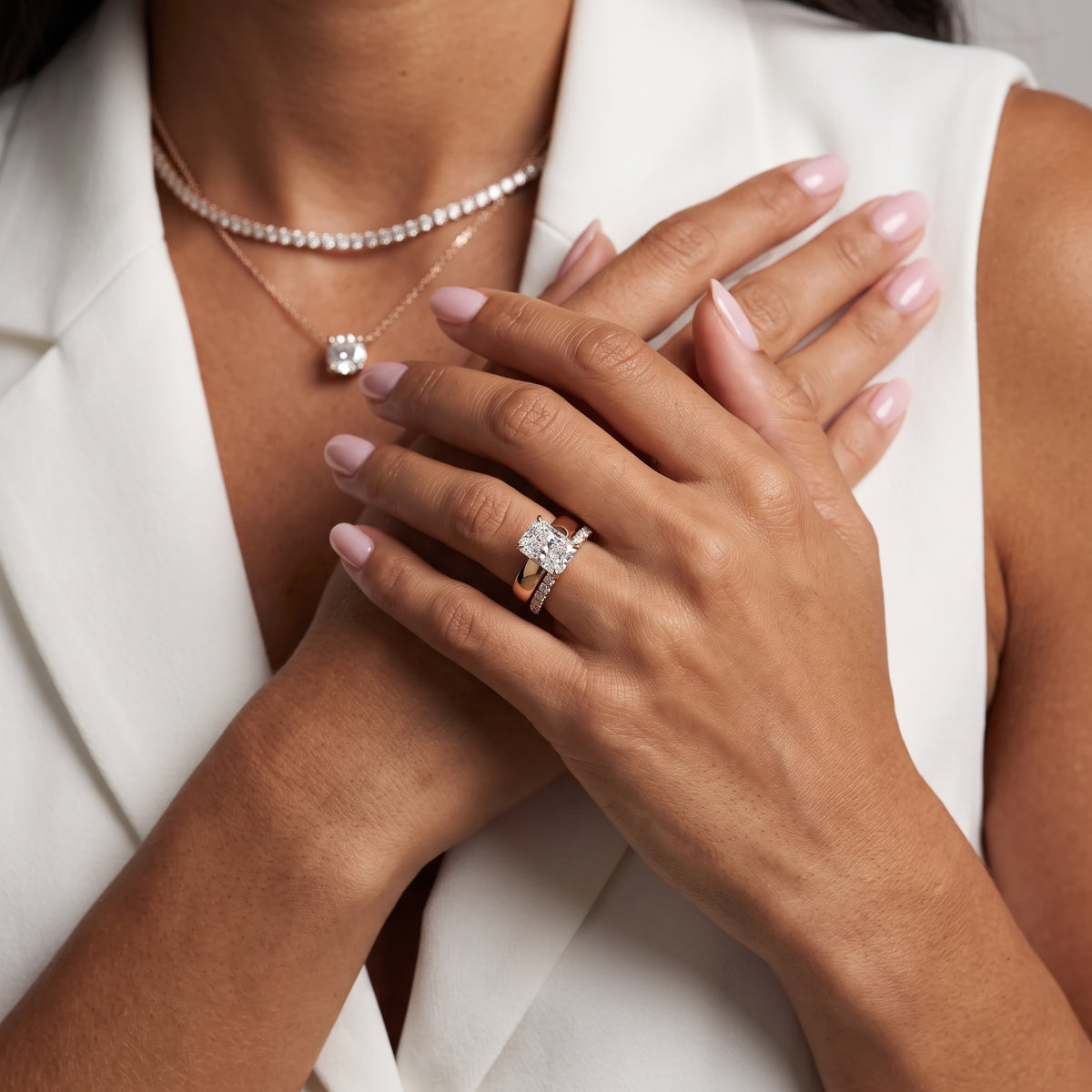 Josephine Split Shank Pavé Radiant Diamond Engagement Ring in Rose Gold - model.jpg