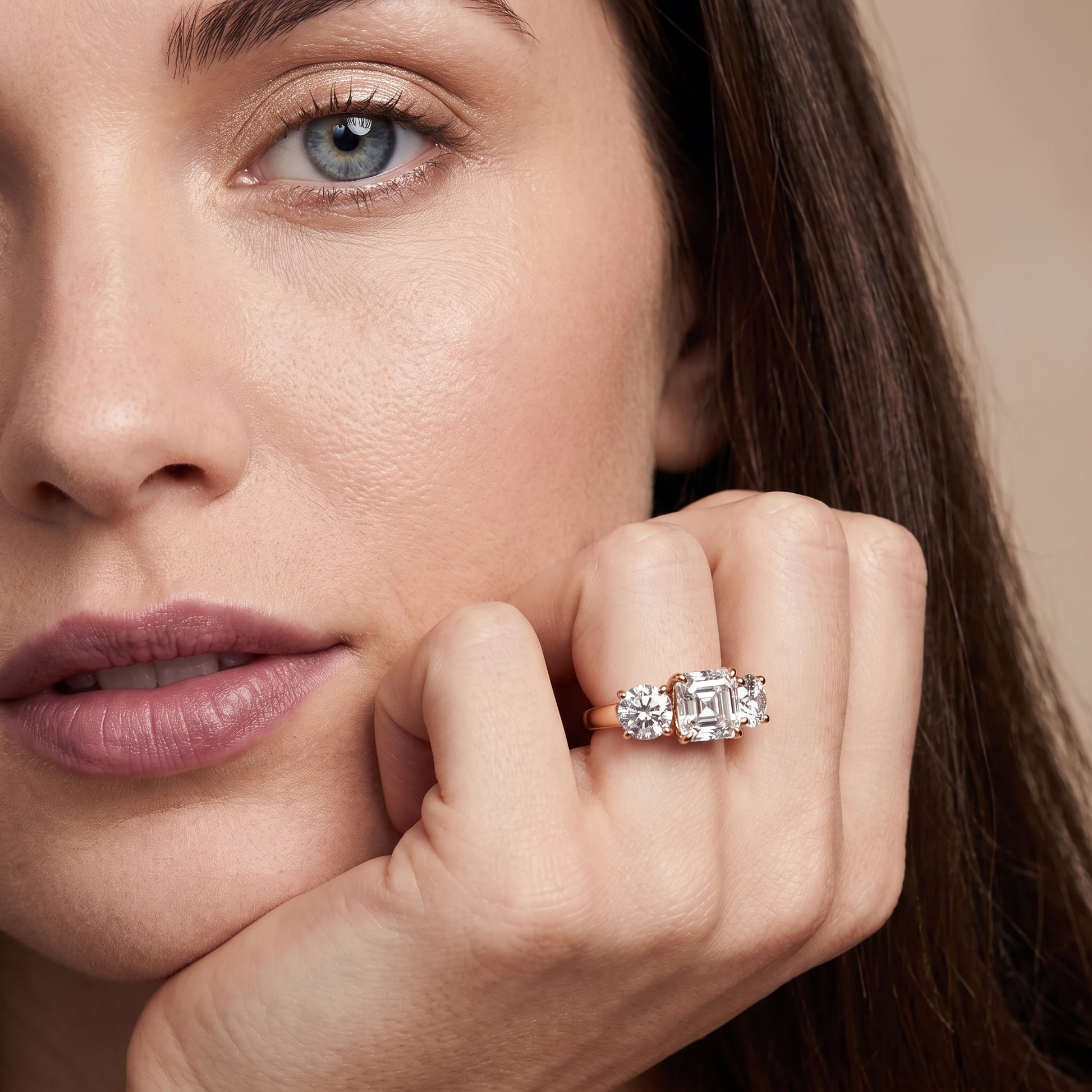Esme Three-Stone Tapered Asscher Diamond Ring in Rose Gold - model.jpg