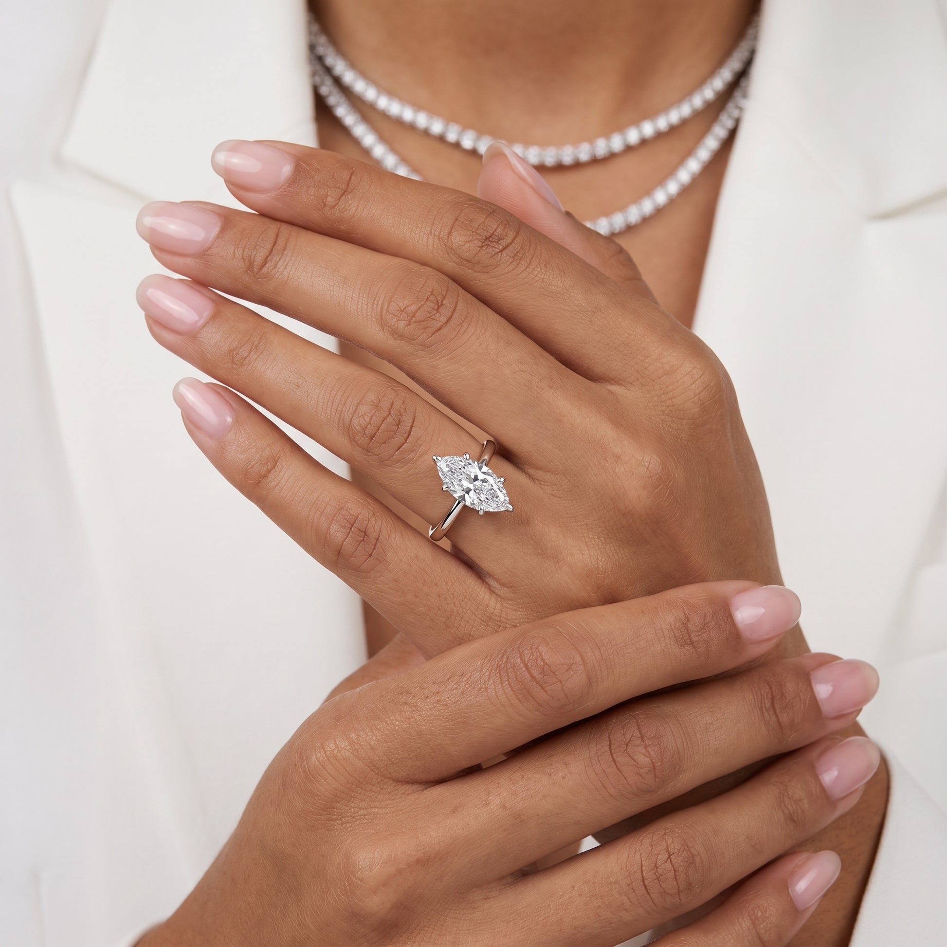 Amaya Hidden Halo Marquise Diamond Ring in Silver - model.jpg