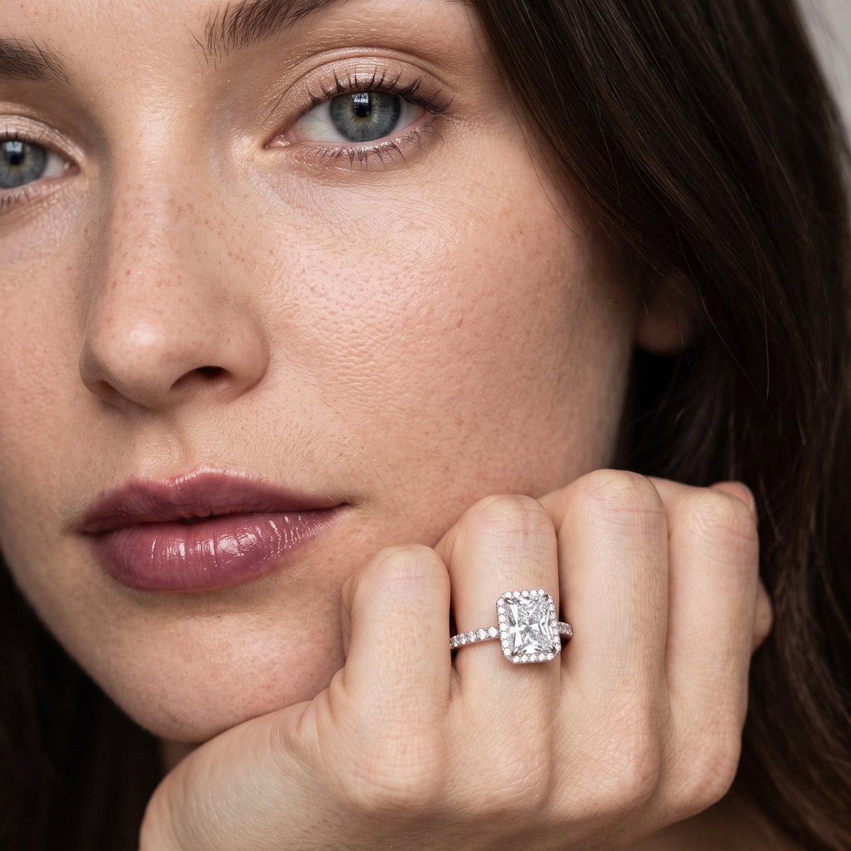 Chloe Halo Pavé Radiant Diamond Engagement Ring in Silver - model.jpg