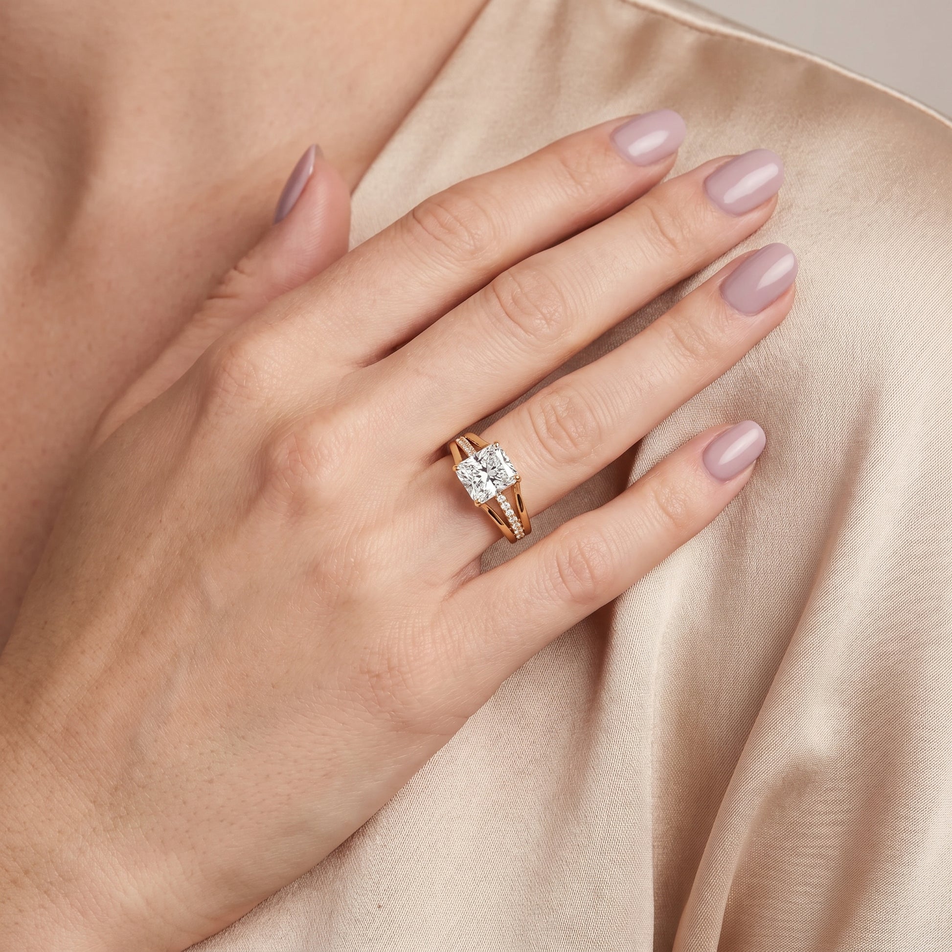 Scarlett Split Shank Pavé Radiant Diamond Ring in Yellow Gold - model.jpg