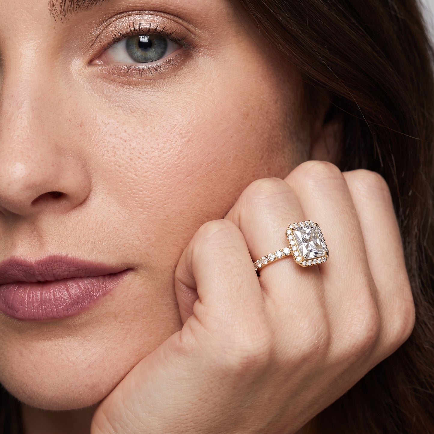 Chloe Halo Pavé Radiant Diamond Ring in Yellow Gold - model.jpg
