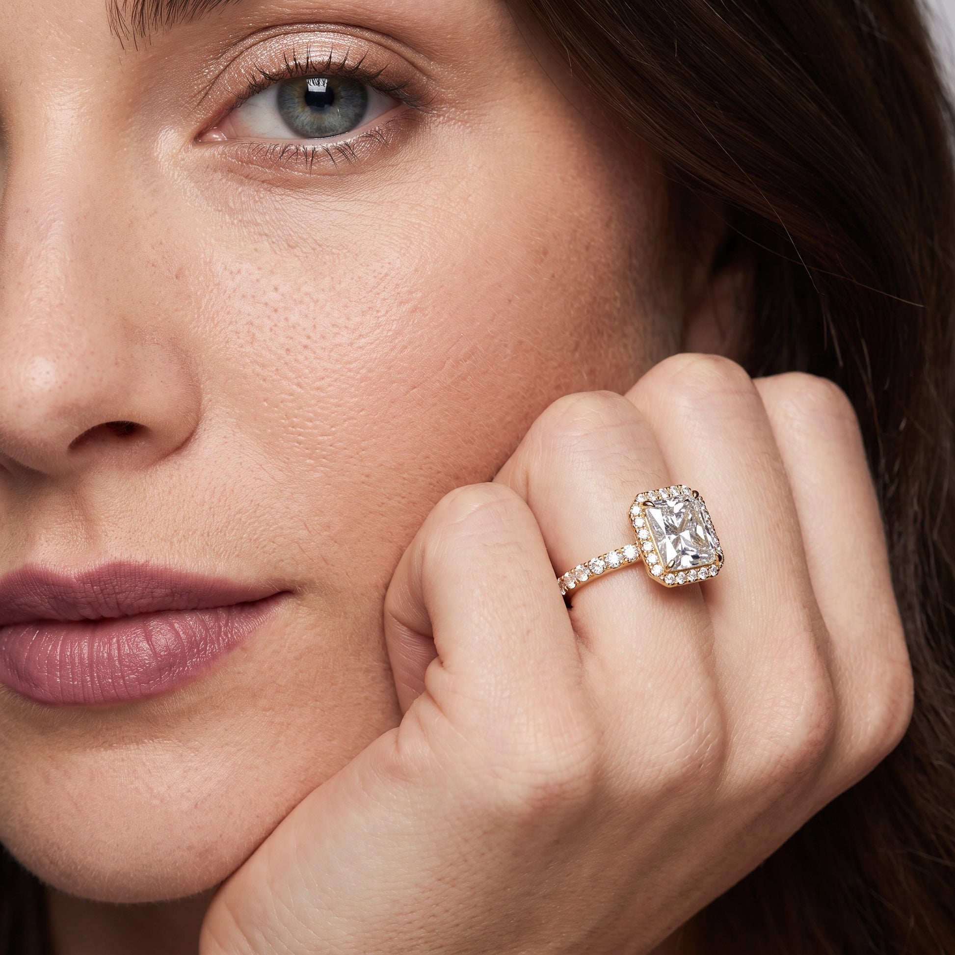 Chloe Halo Pavé Radiant Diamond Ring in Yellow Gold - model.jpg