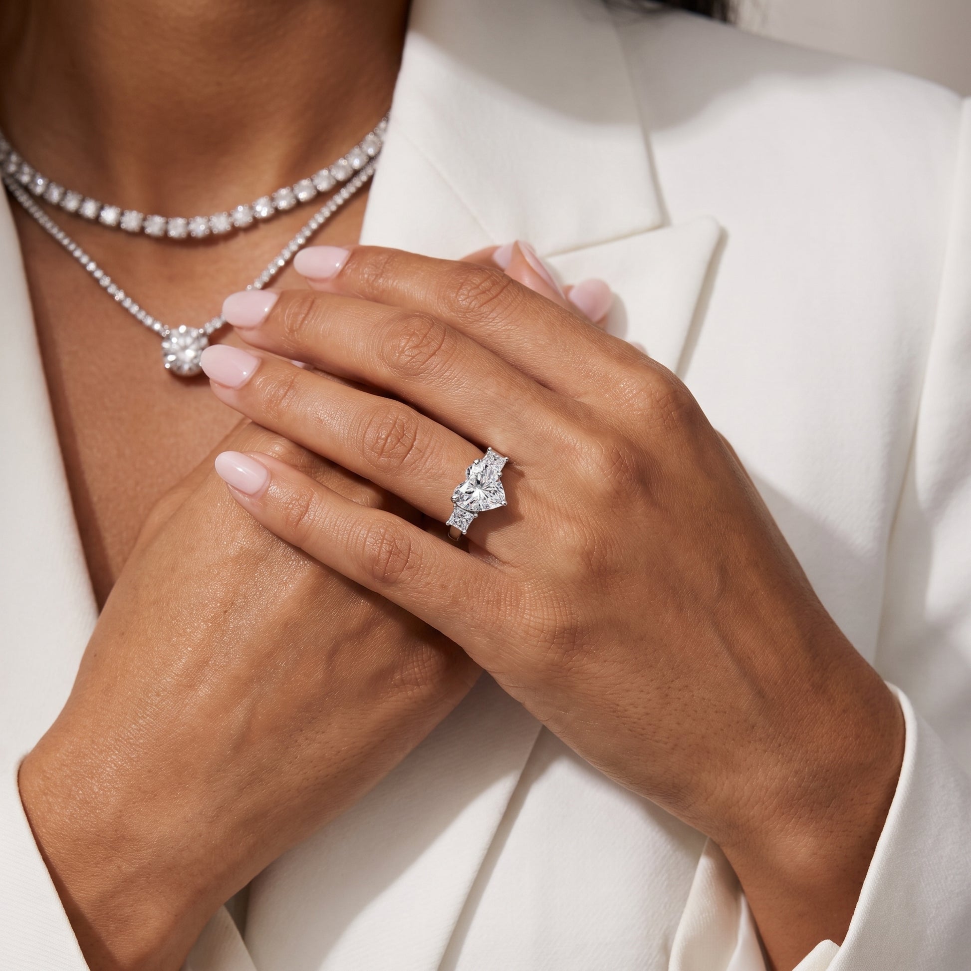 Selena Three-Stone Basket Heart Diamond Ring in Platinum - model.jpg