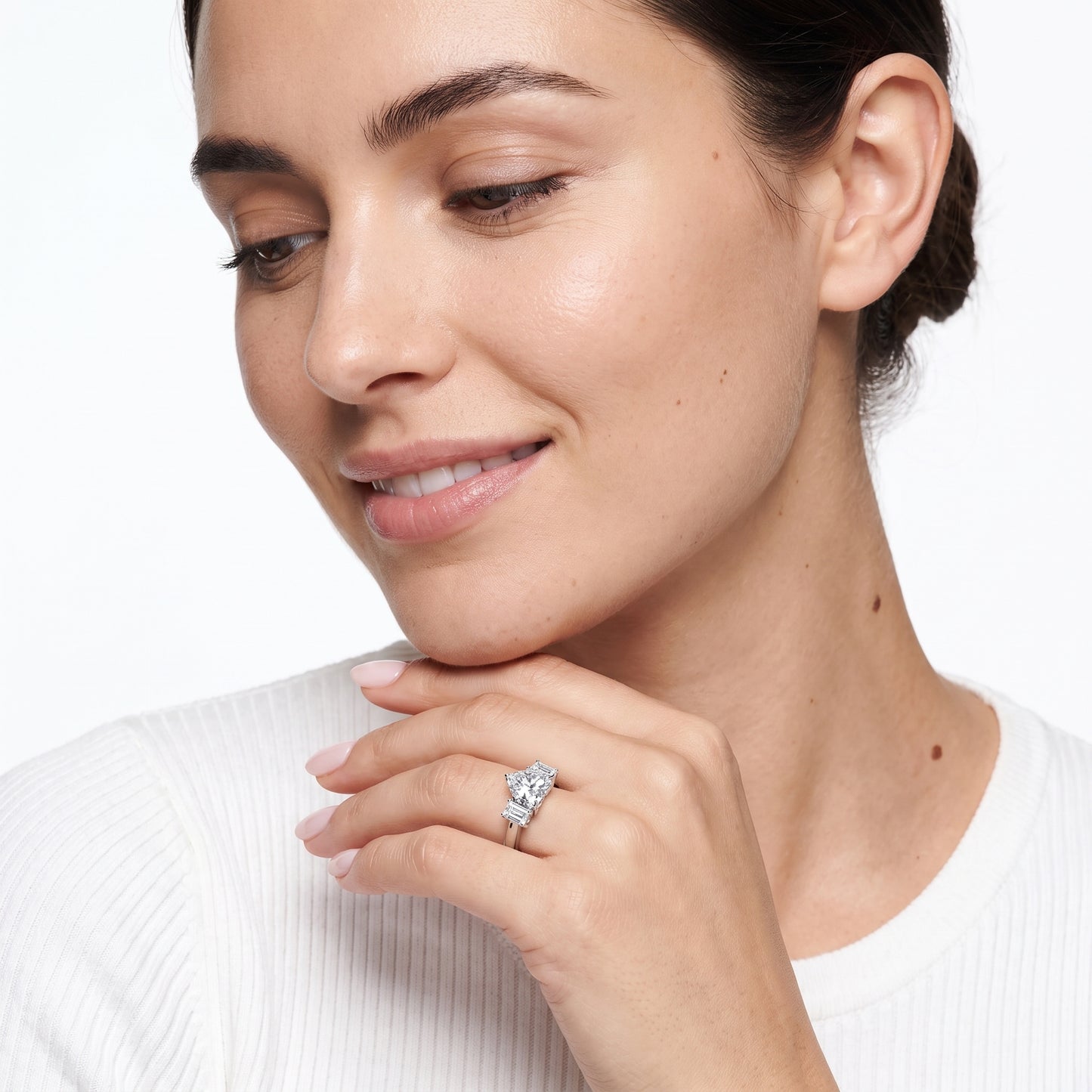 Zoe Three-Stone Heart Diamond Ring in Platinum - model.jpg