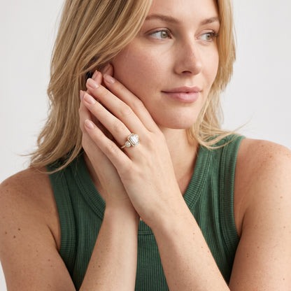Denver Three-Stone Halo Emerald Diamond Engagement Ring in Silver - model.jpg