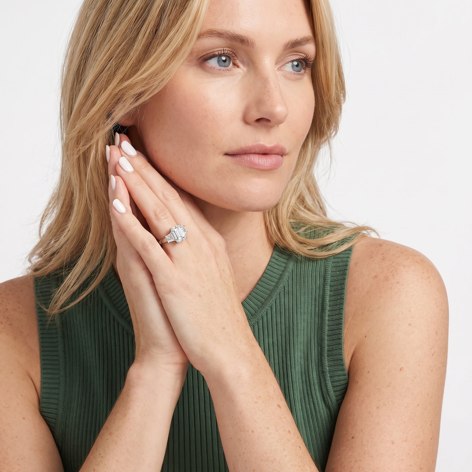 Selena Three-Stone Basket Emerald Diamond Ring in Platinum - model.jpg