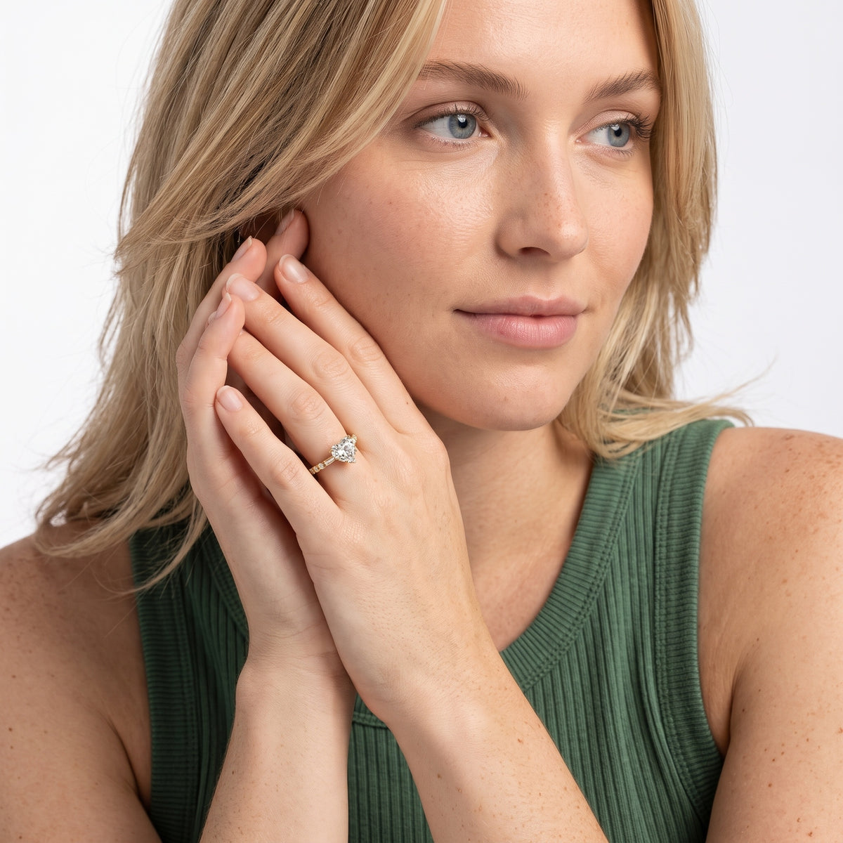 Taos Beaded Baguette Heart Diamond Engagement Ring in Rose Gold - model.jpg