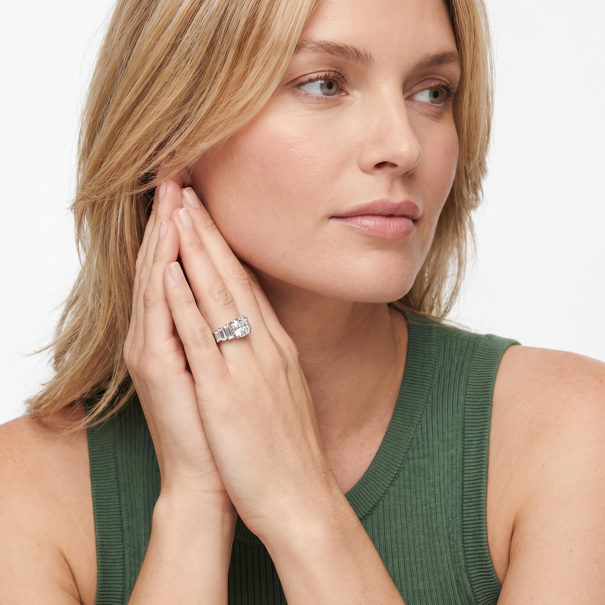 Mara Sidestone Baguette Accent Cushion Diamond Engagement Ring in White Gold - model.jpg