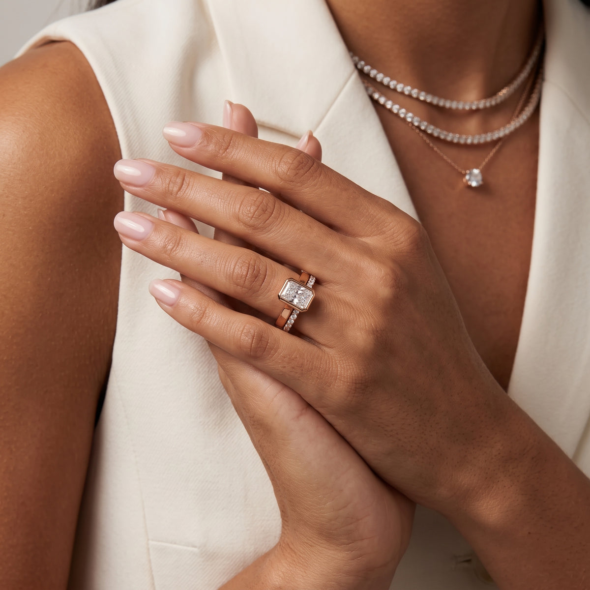 Ayla Bezel Bypass Radiant Diamond Engagement Ring in Rose Gold - model.jpg