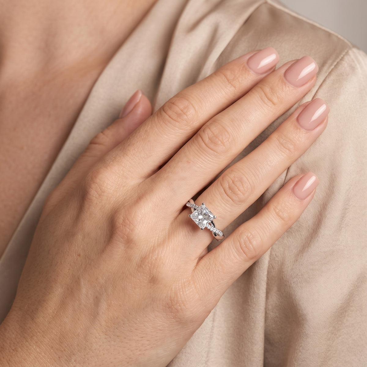 Twisted Side Stone Princess Diamond Engagement Ring in Silver - model.jpg