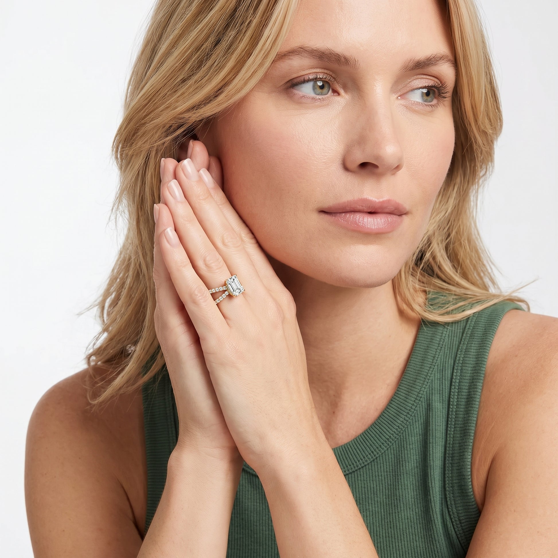 Lior Criss Cross Pavé Emerald Diamond Engagement Ring in Yellow Gold - model.jpg