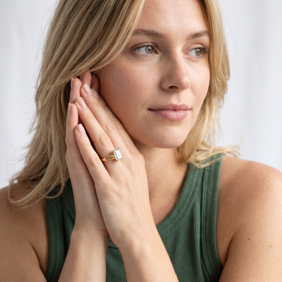 Jana Engraved Emerald Diamond Engagement Ring in Platinum - model.jpg