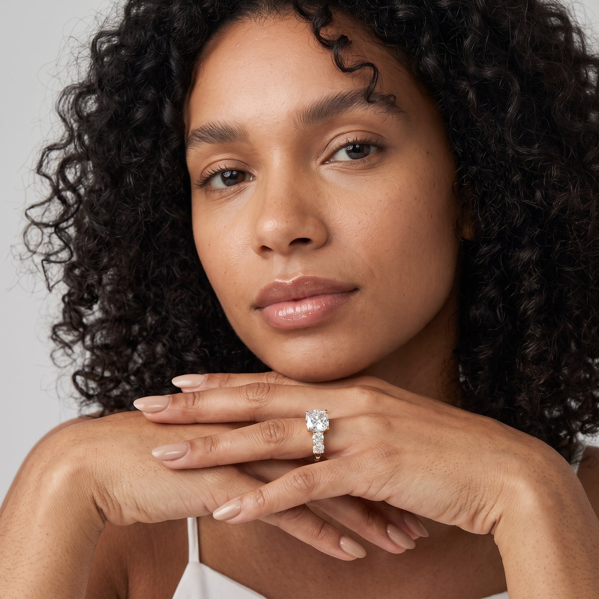 Leigh Statement Five-Stone Cushion Diamond Engagement Ring in Rose Gold - model.jpg