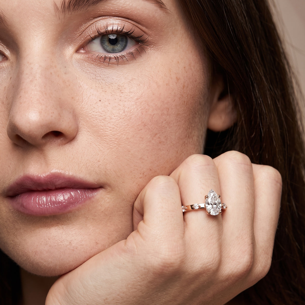 Elena Radiance Solitaire Pear Diamond Engagement Ring in Rose Gold - model.jpg